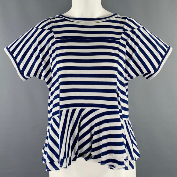 COMME des GARCONS Size S White Blue Cotton Stripe Short Sleeve Casual Top - Picture 1 of 5
